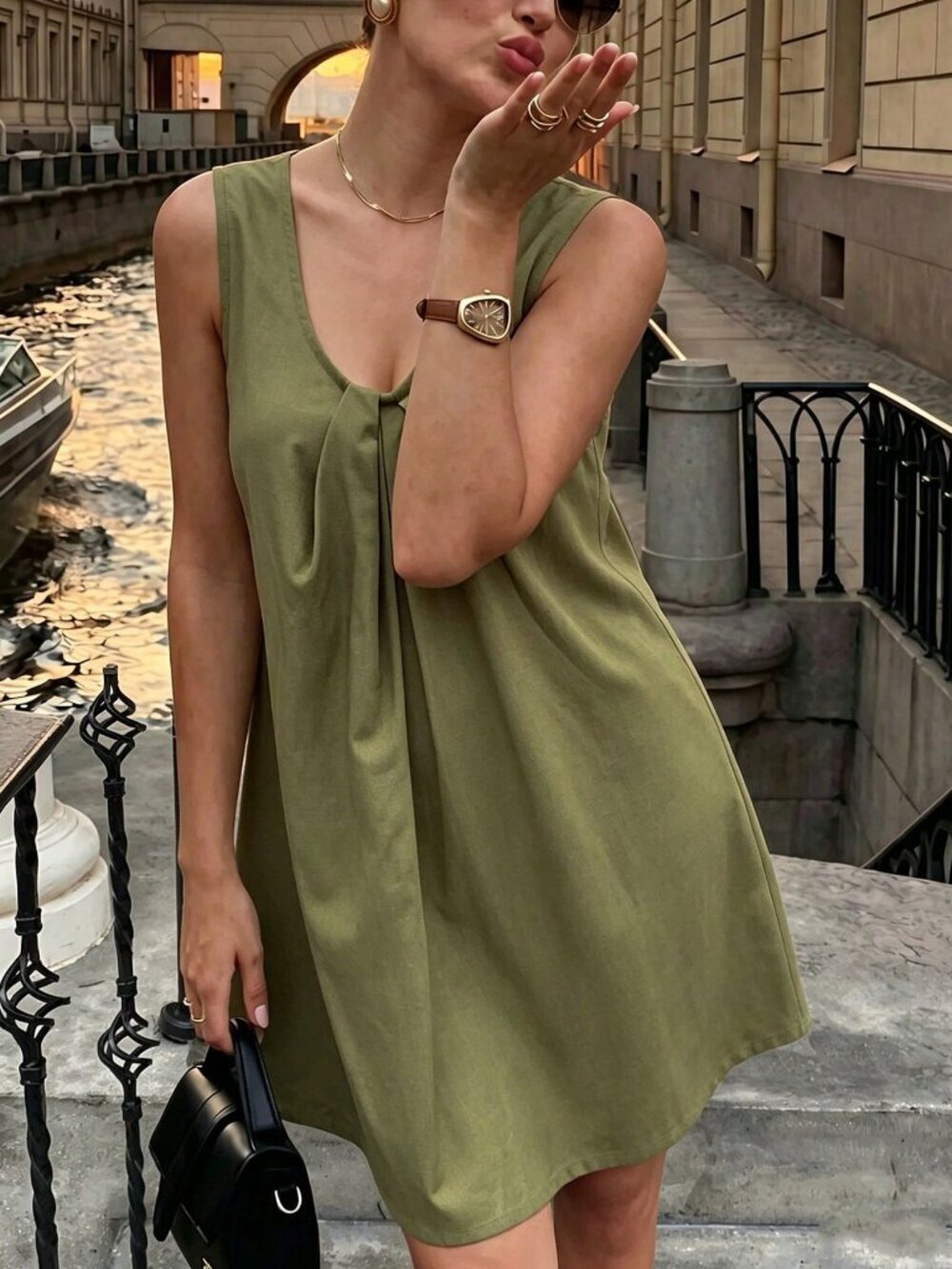 Green Casual Women's detailed Neckline Sleeveless Dress
